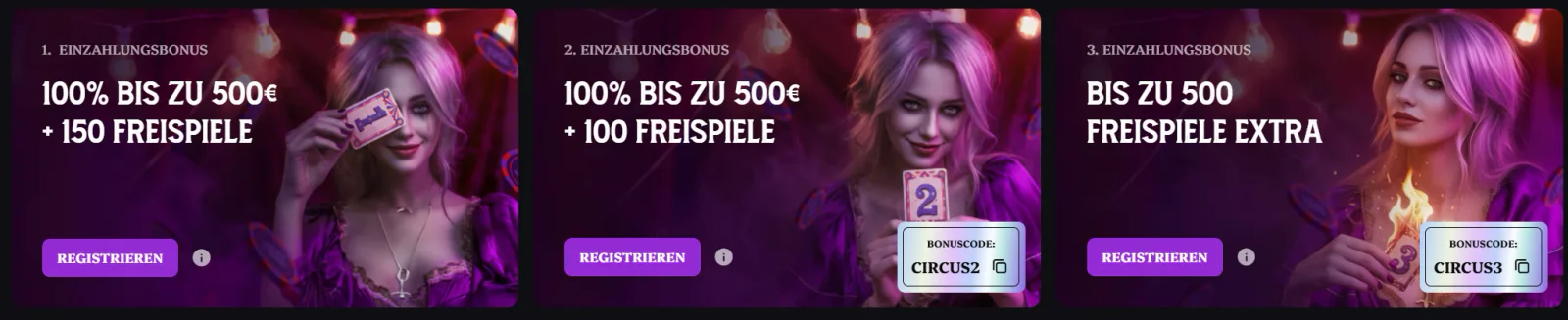 Lucky Circus Casino Einzahlungsboni mit bis zu 500 € und Freispielen