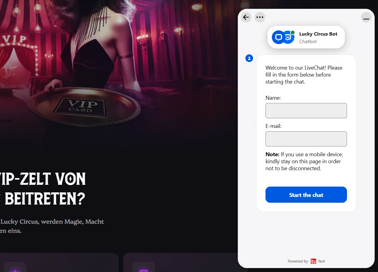 Lucky Circus Casino Live-Chat Kundenservice mit Kontaktformular