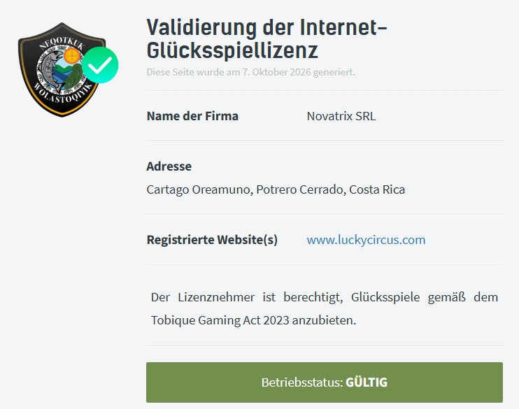 Lucky Circus Casino Lizenzvalidierung der Tobique Gaming Commission mit gültigem Betriebsstatus